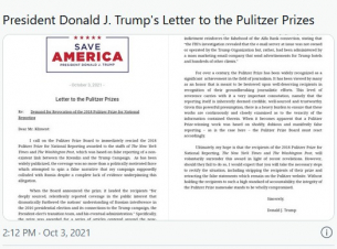 Тръмп призова да се отмени наградата Пулицър, дадена на NYT &amp; WaPo за измамата Русиягейт